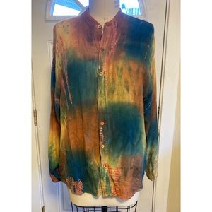Hand Dyed Vintage Rayon Unisex Button Up Shirt XL